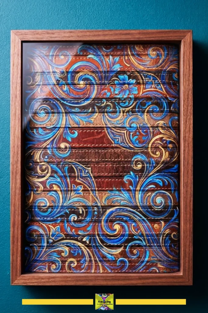 Framed panel of intricately patterned leather belt strips with blue and gold swirls on a teal wall.