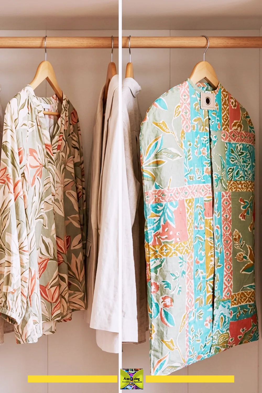 Side-by-side comparison of clothes in a closet, one without and one with a patterned garment dust cover.