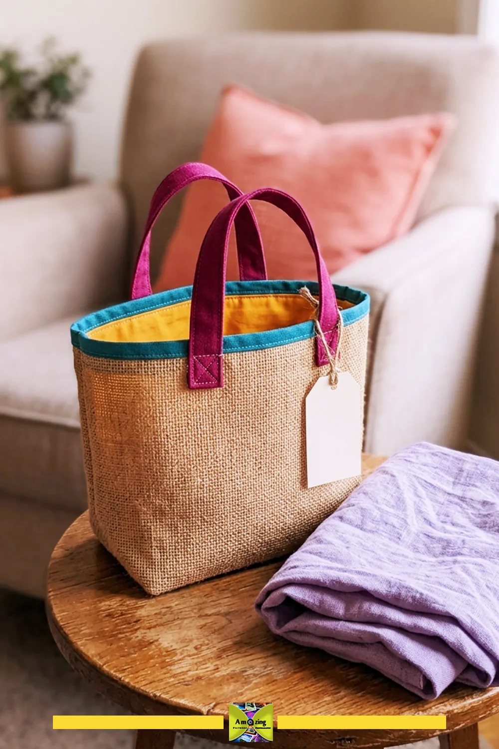 Jute gift bag with pink handles and a blank tag beside a folded purple wrap on a wooden table