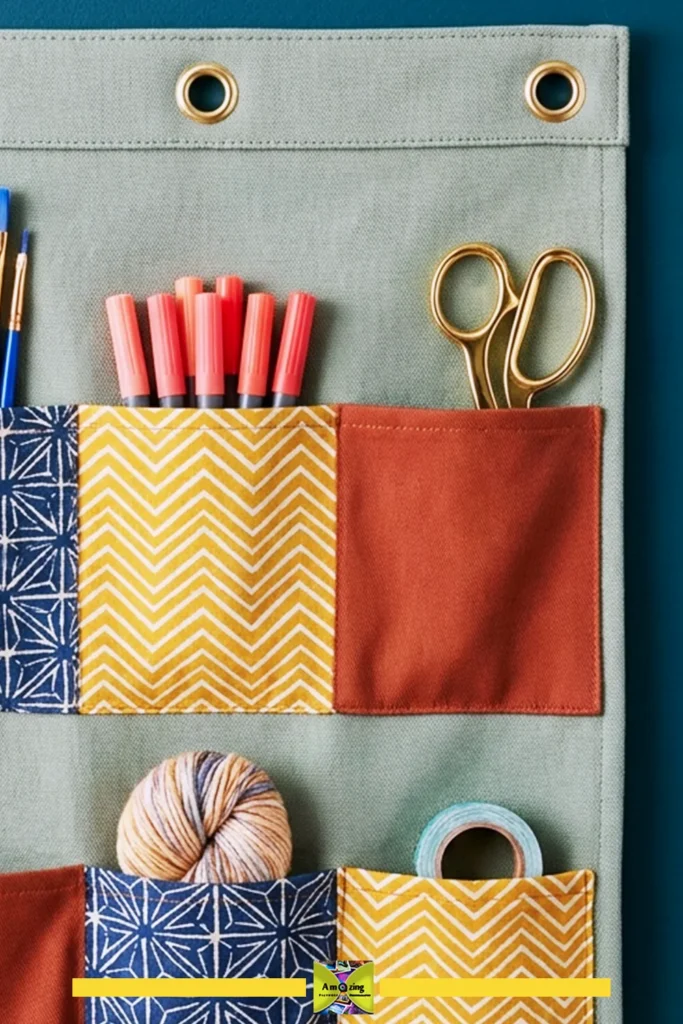 Colorful hanging fabric panel with pockets holding pens, scissors, yarn, and tape