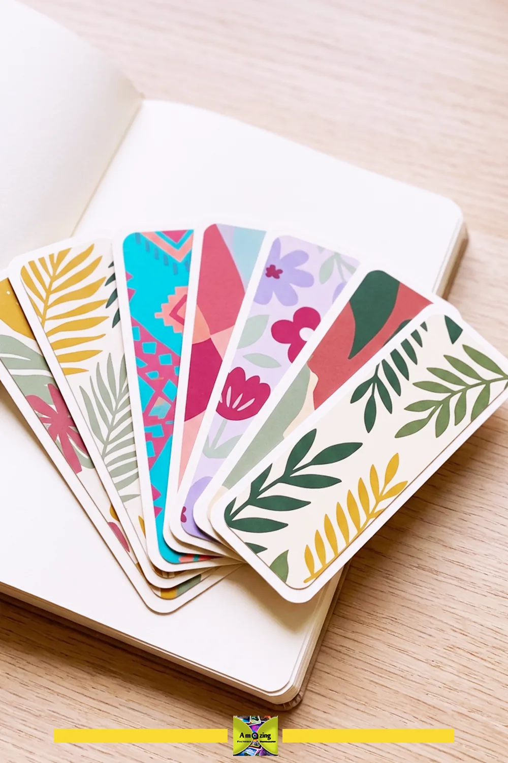 Colorful illustrated bookmarks made from old greeting cards