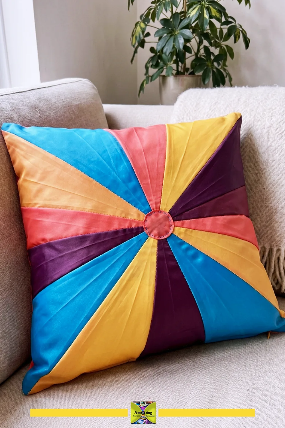Vibrant patchwork cushion cover with geometric design on a beige sofa