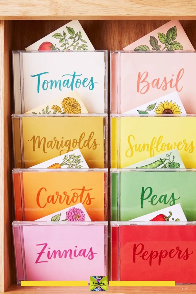 Organized seed packets labeled for tomatoes, basil, marigolds, sunflowers, carrots, peas, zinnias, and peppers in jewel cases.
