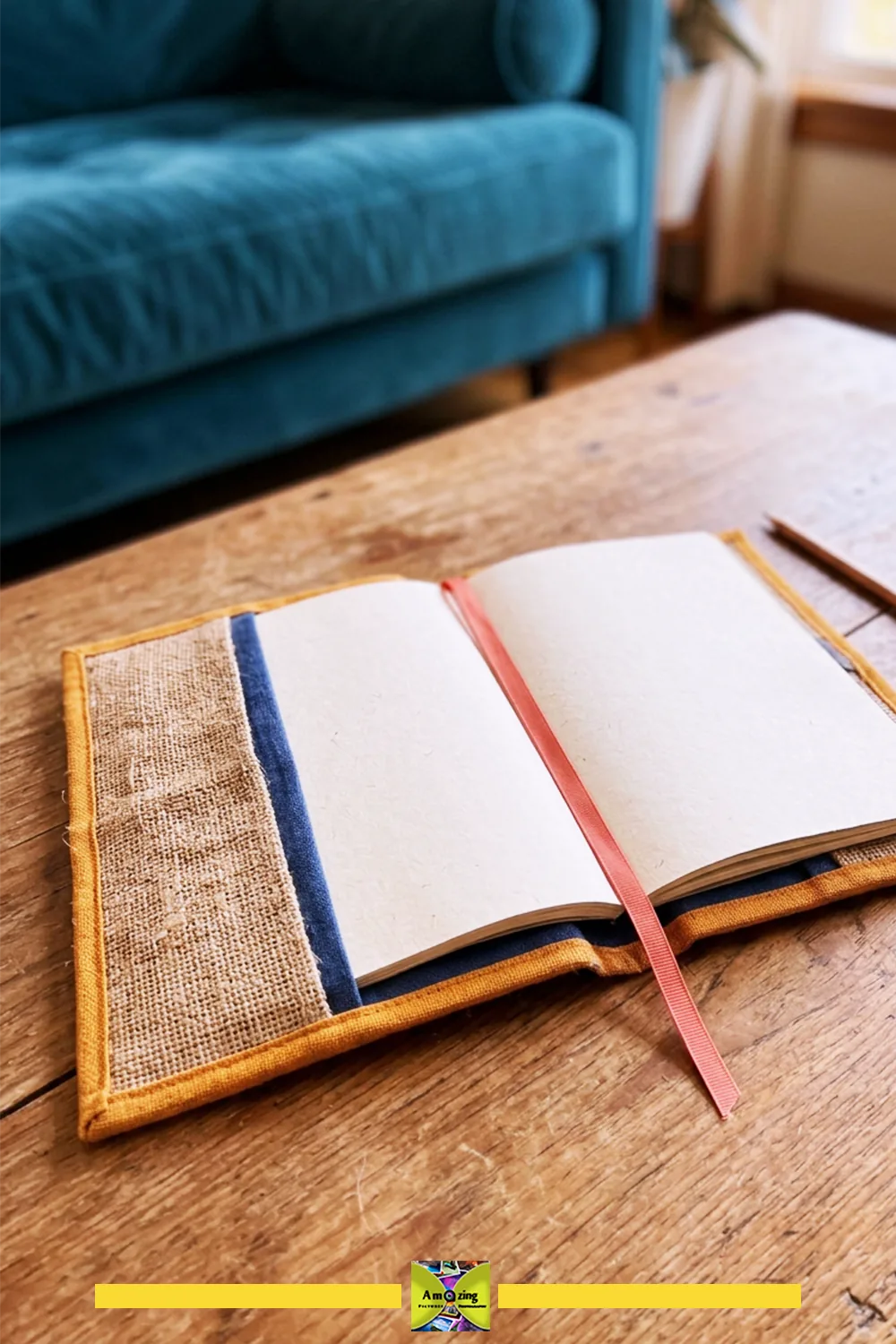 Open handmade journal with fabric cover and ribbon bookmark on a wooden table near a blue sofa.