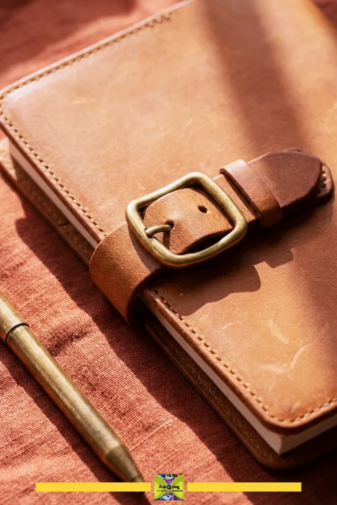 Close-up of a brown leather journal with a brass buckle closure and a brass pen on a textured fabric