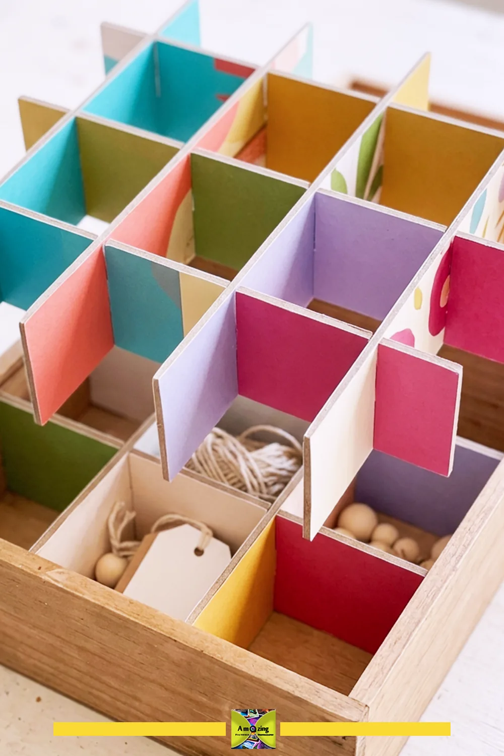 Removable keepsake-box divider grid made from greeting-card panels