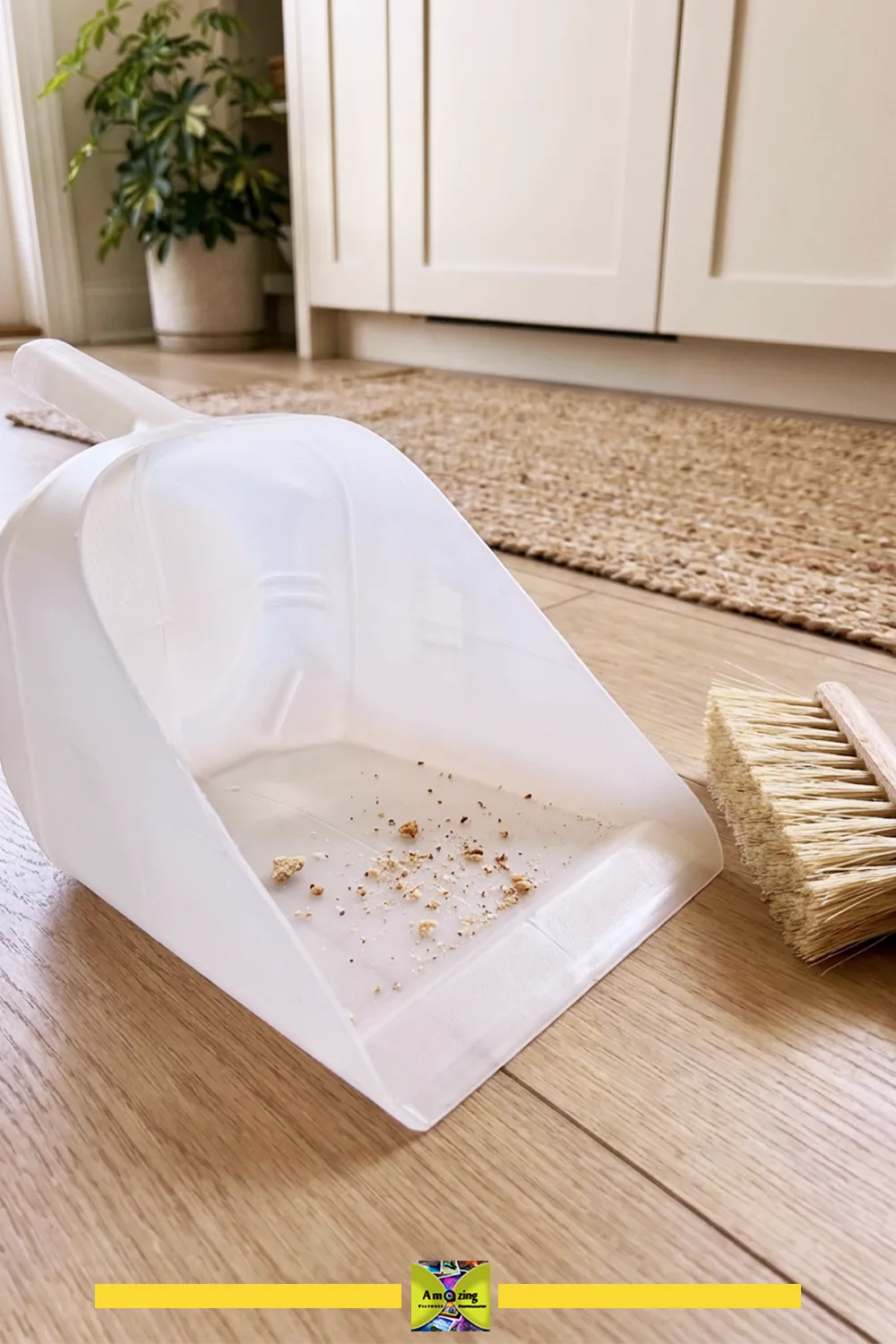 Close-up of a white dustpan with crumbs and a brush on a clean wooden floor in a home setting.