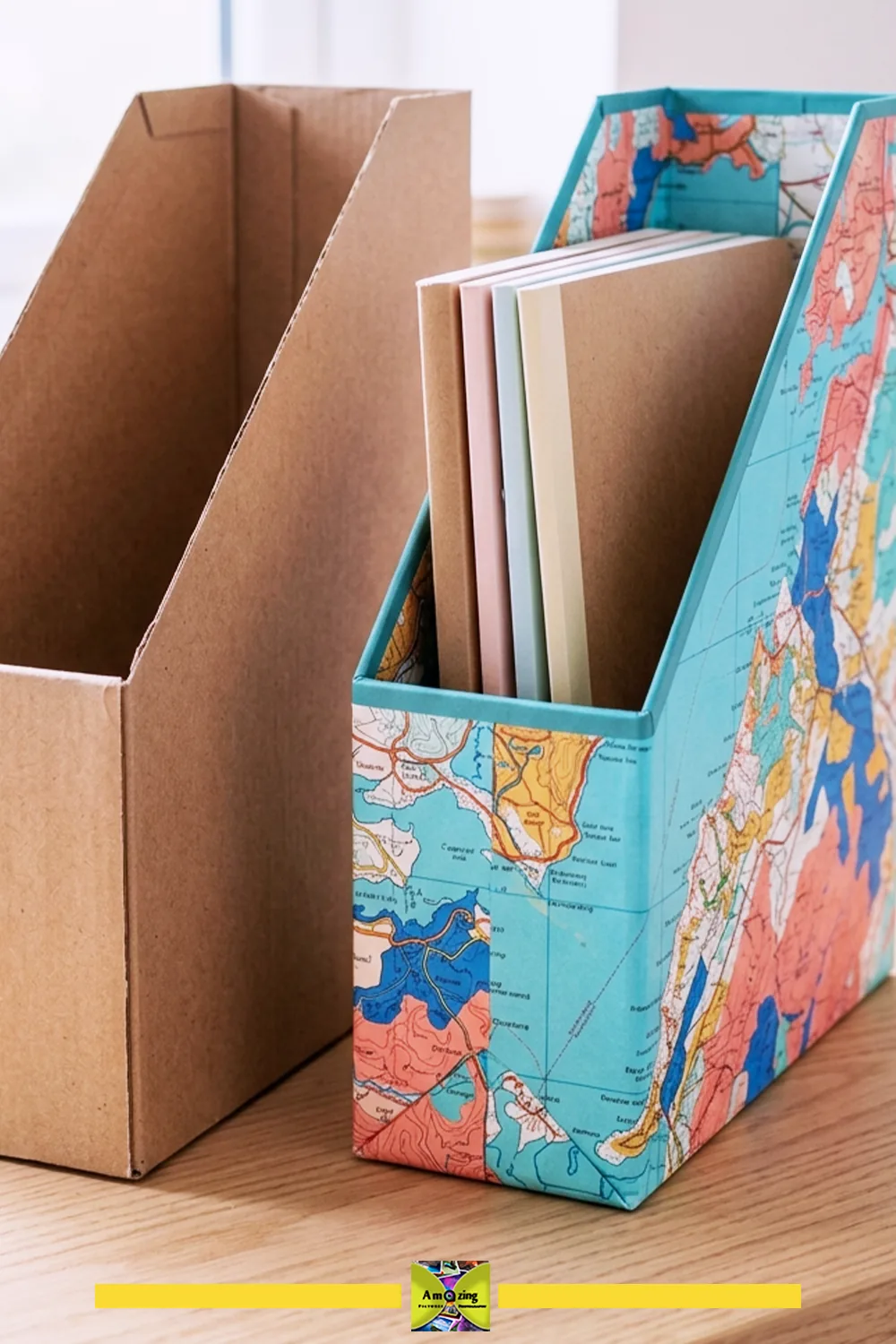 Plain magazine file beside a map-covered file holding notebooks.