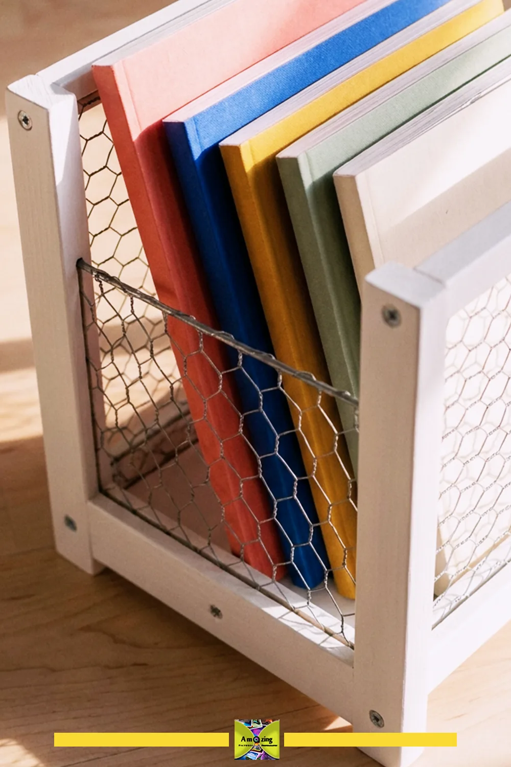 Colorful Magazines in a Modern Wire Magazine Rack