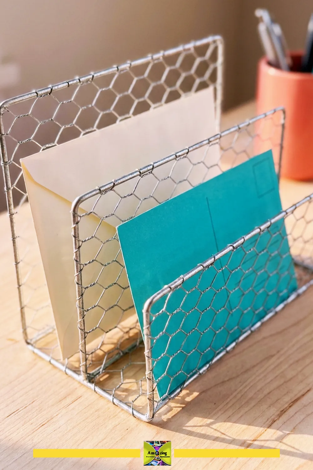 Wire Mesh Mail and Paper Sorter on Desk