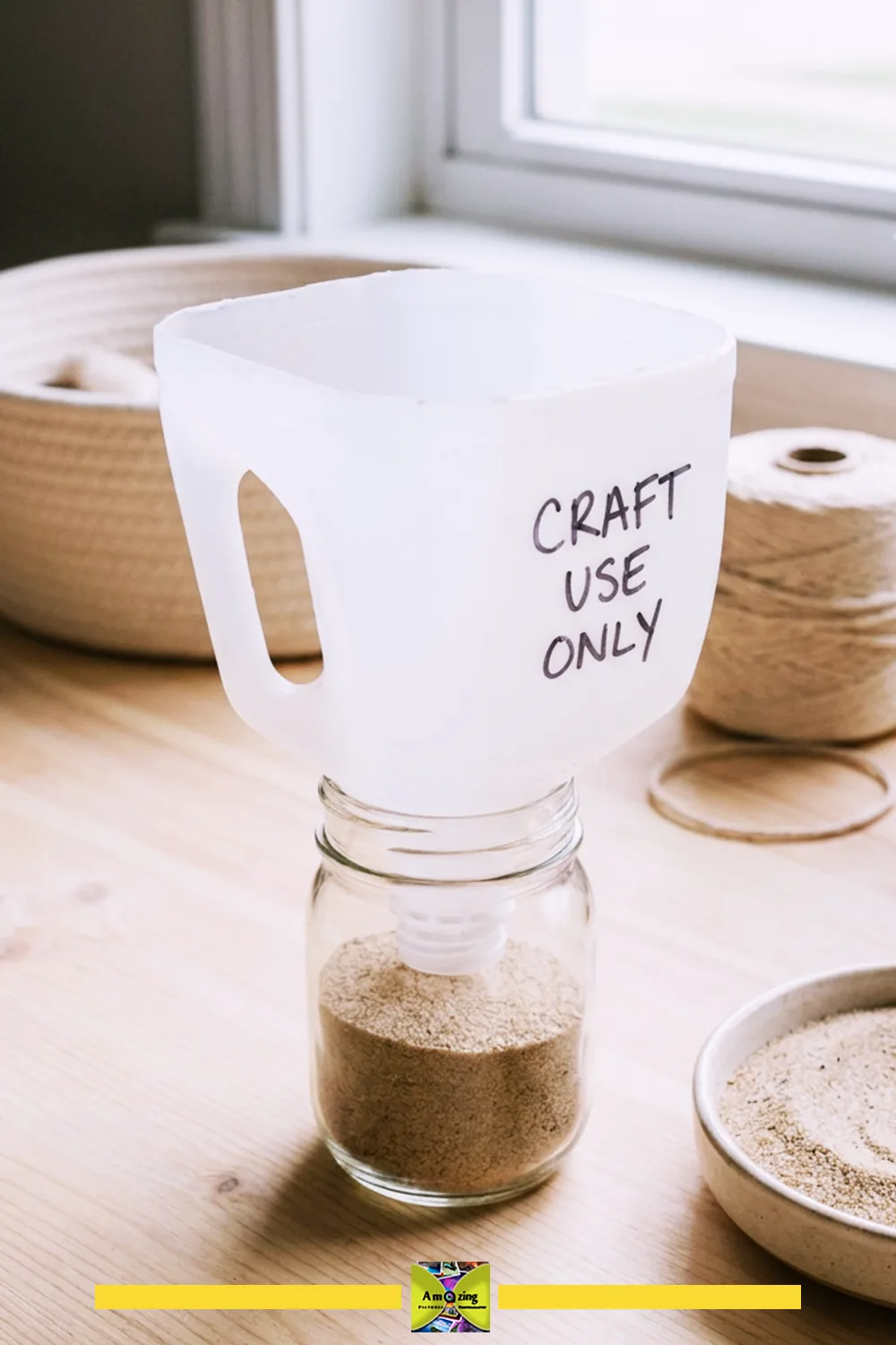 Homemade funnel made from a plastic jug labeled 'Craft Use Only' transferring sand into a jar.
