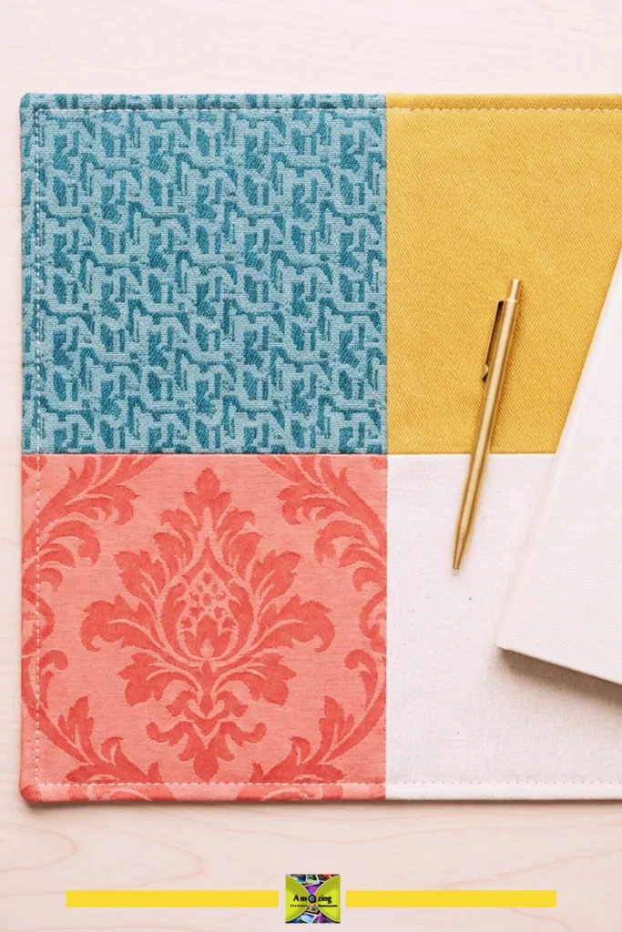 Color-blocked desk mat with blue, yellow, coral, and white sections, gold pen, and white notebook