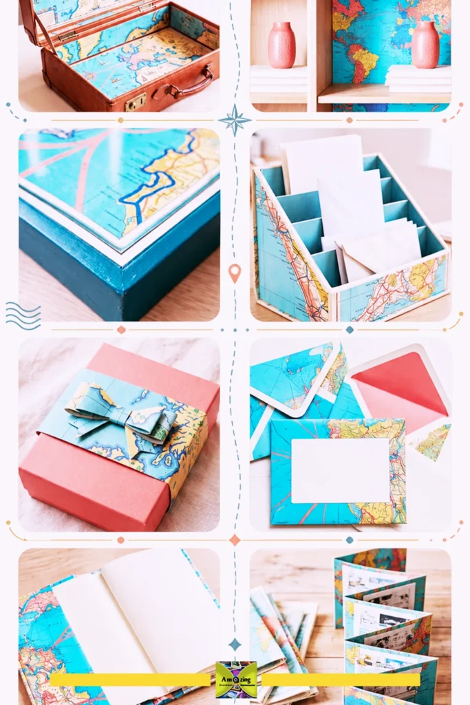 Collage of DIY crafts made with old maps, including boxes, envelopes, organizers, and gift wrap.