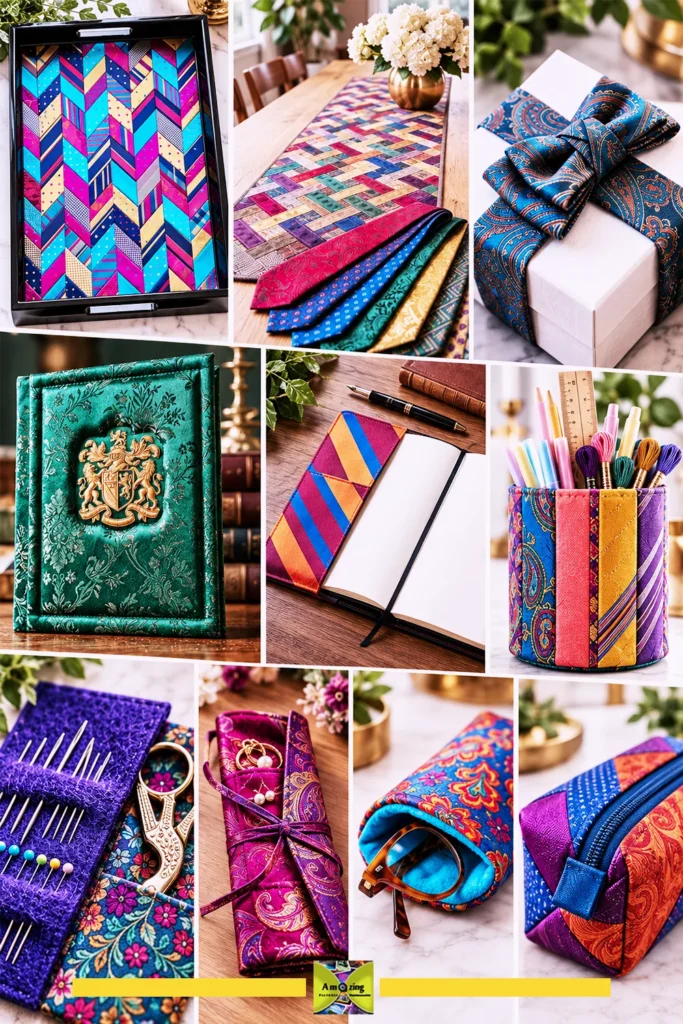 Colorful crafts and organizers made from upcycled old neckties displayed on a table.