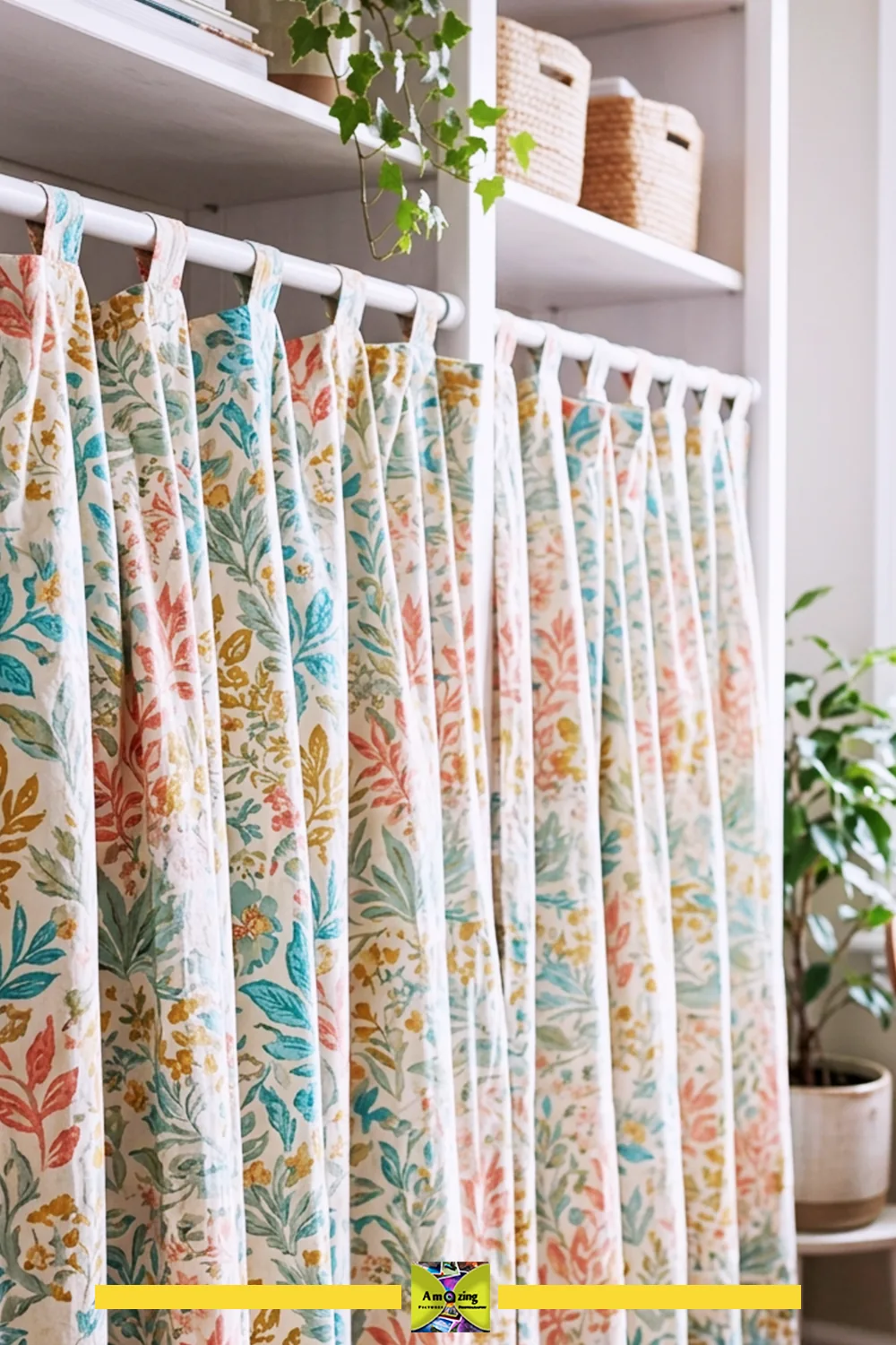Floral-patterned dust curtain hanging on a white rod in front of open shelves with baskets and plants.