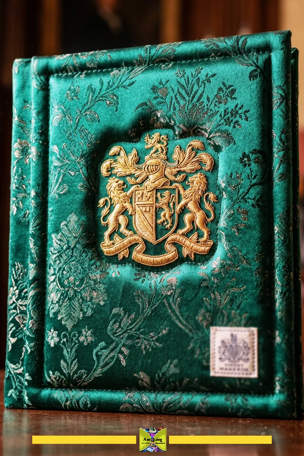 Preserved necktie label and centered motif on the finished padded memory book cover