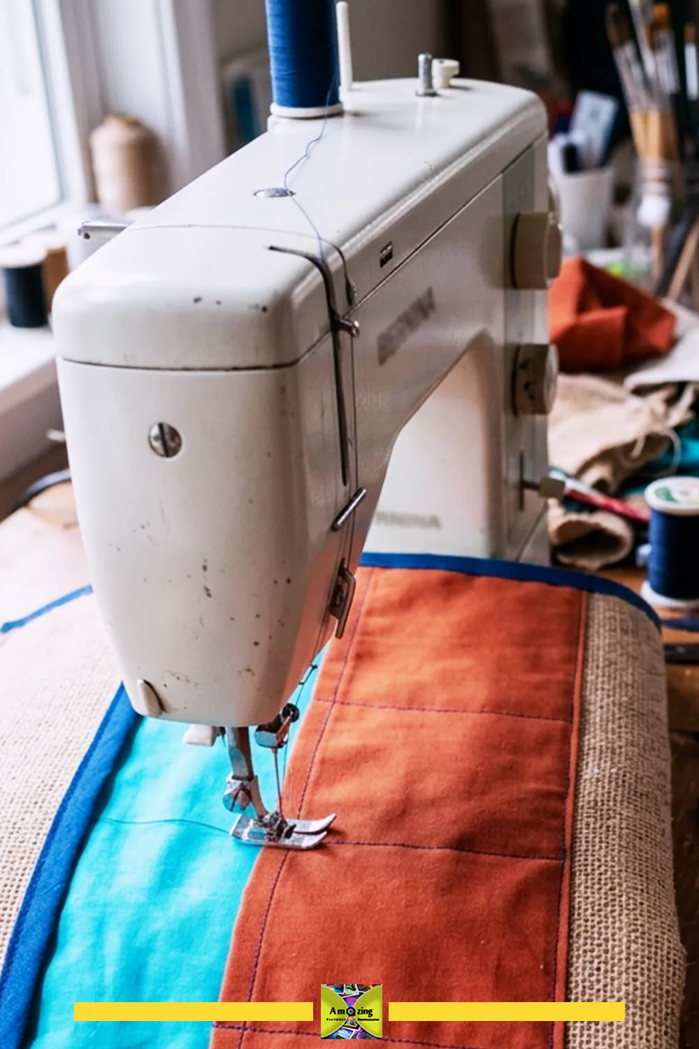 Sewing machine stitching divided pockets on a colorful fabric paintbrush roll