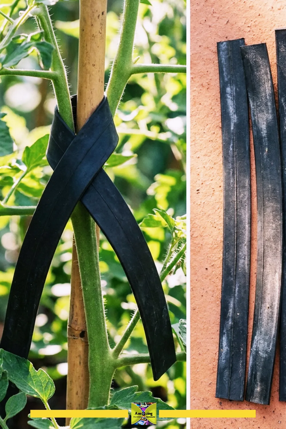 Wide black rubber plant tie on a garden stem at install, and the collected pieces at season's end