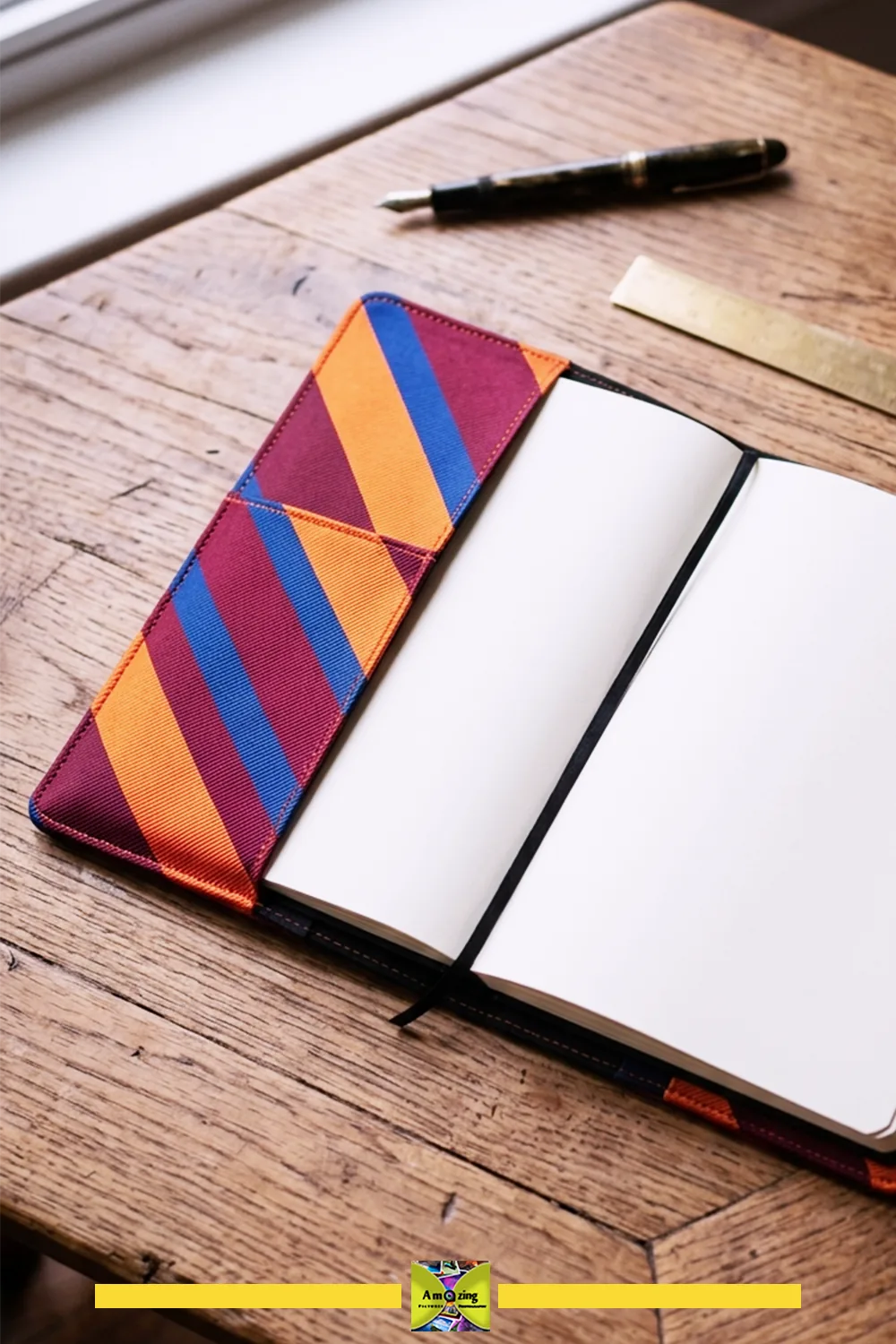 Notebook opened flat inside the removable necktie notebook jacket