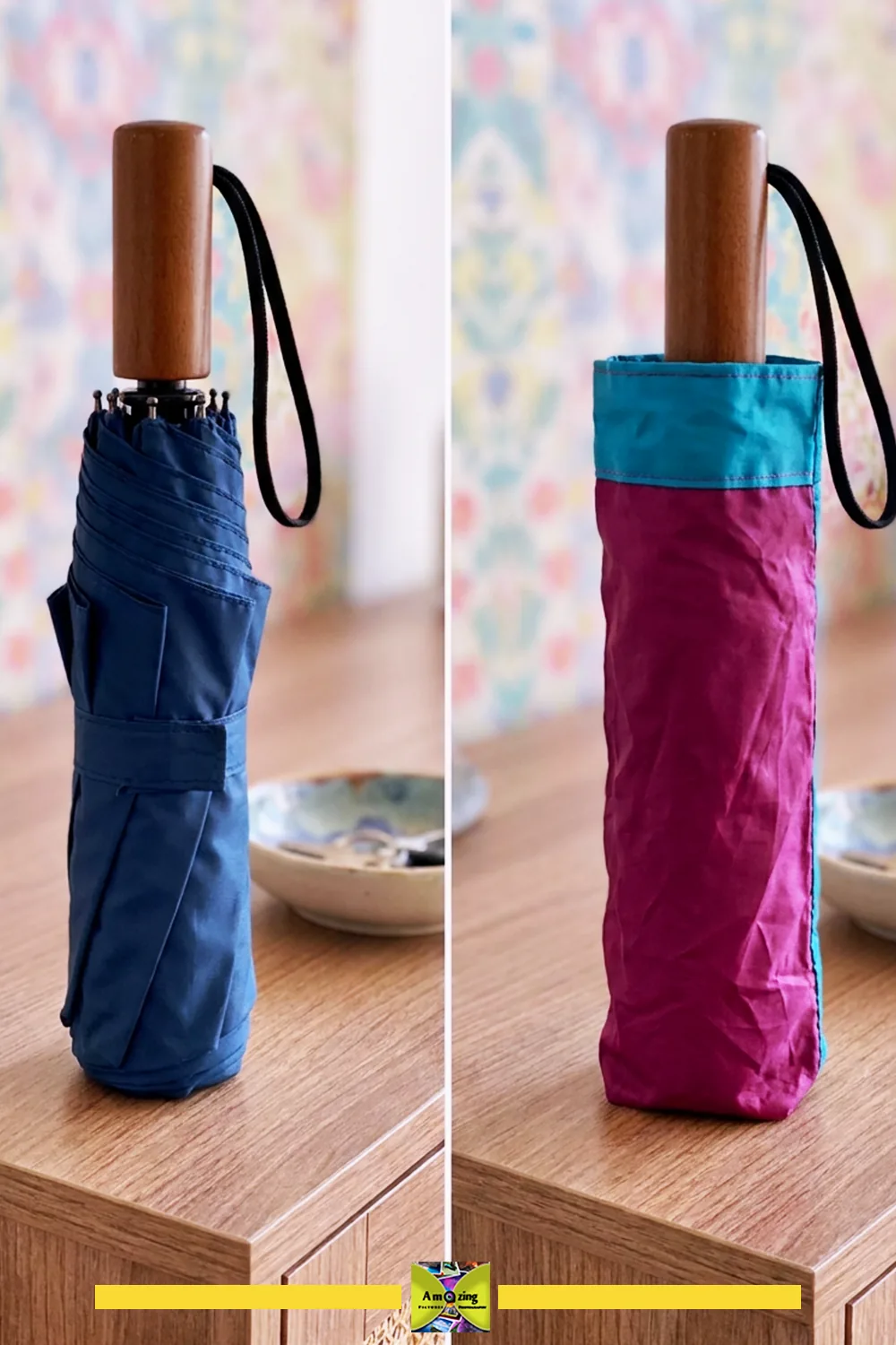 Side-by-side comparison of a blue umbrella with and without a colorful replacement sleeve