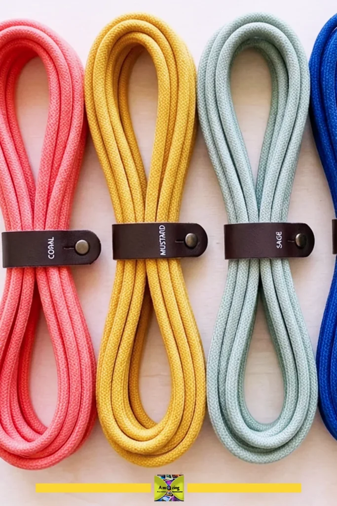 Three colorful cables neatly secured with labeled reusable leather wraps on a light surface.