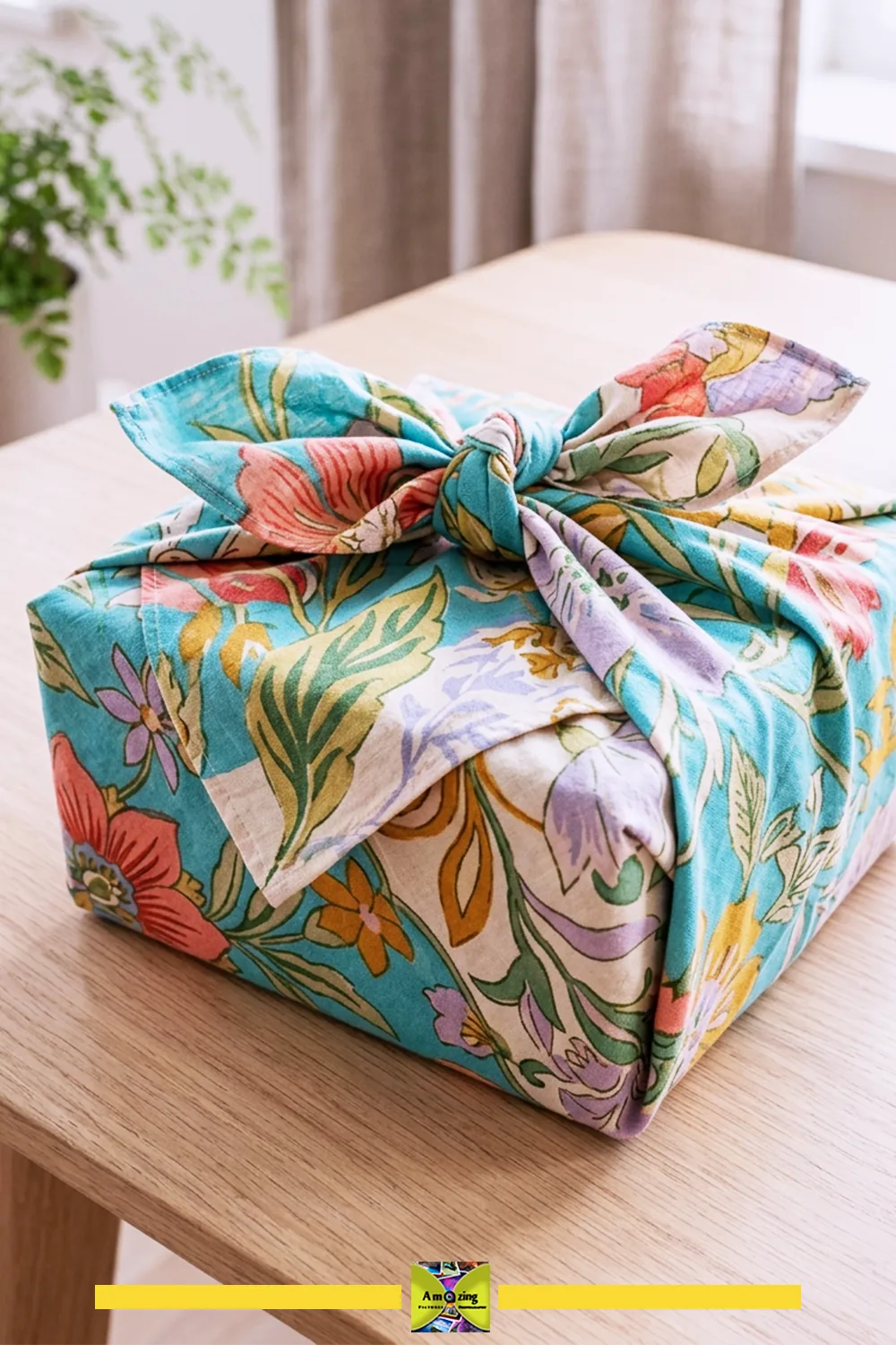A gift wrapped in colorful floral fabric using a furoshiki-style knot, placed on a wooden table.