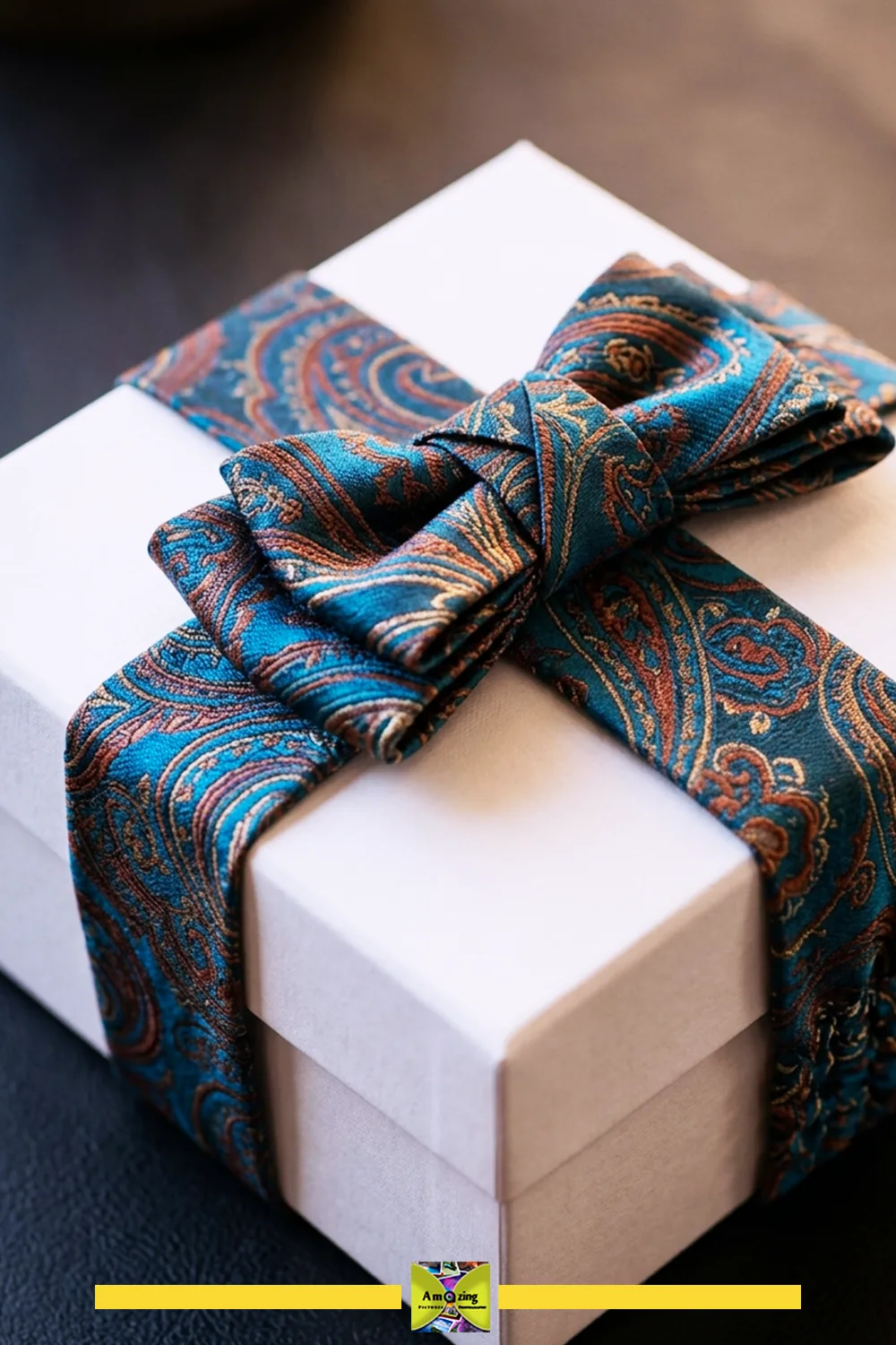 Finished necktie reusable gift band with flat bow on a gift box