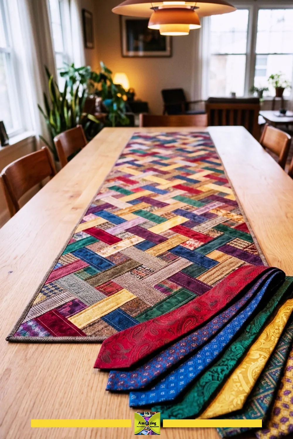 Opened neckties beside the finished reversible table runner on the dining table