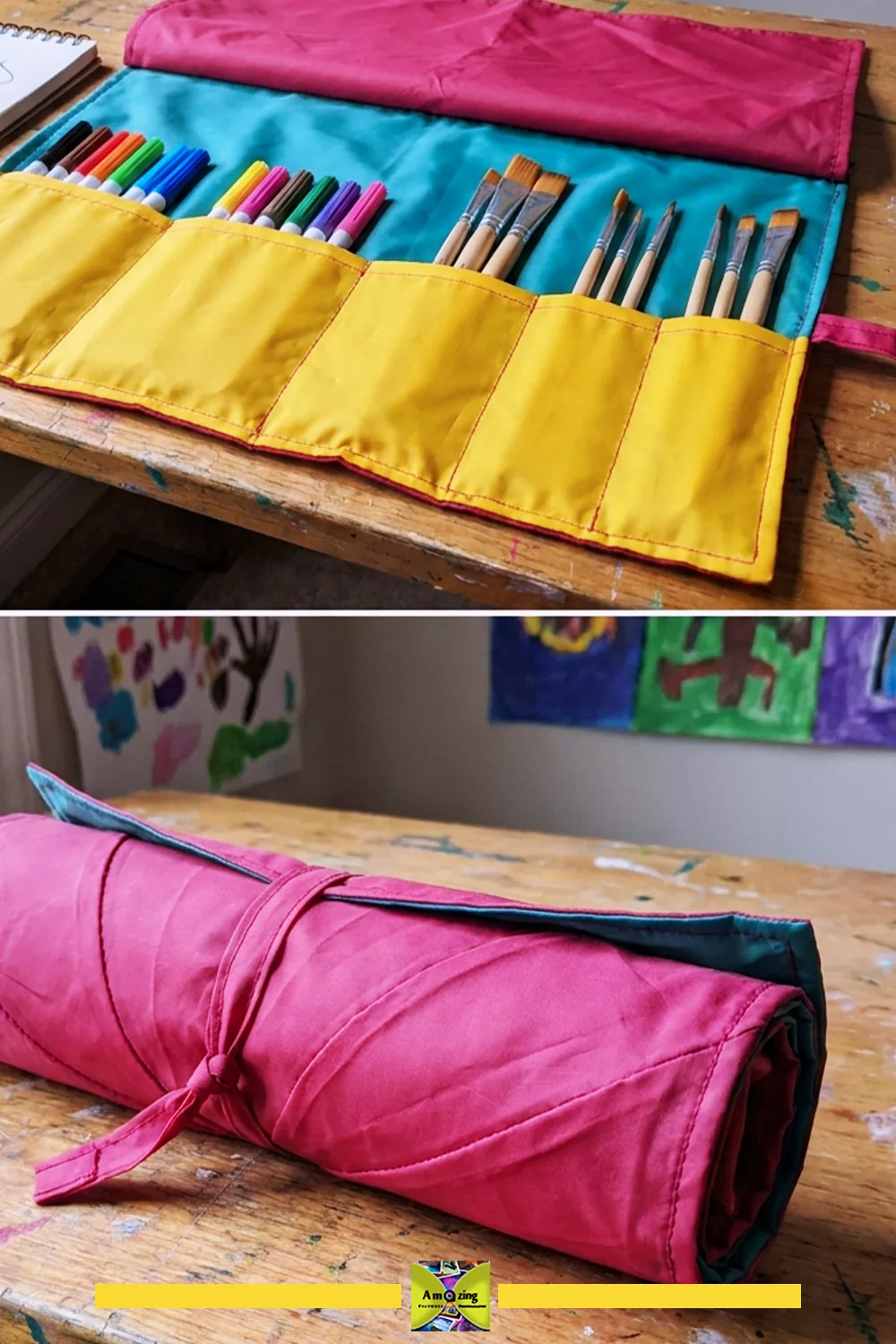 Colorful roll-up organizer holding markers and paintbrushes, shown open and rolled up