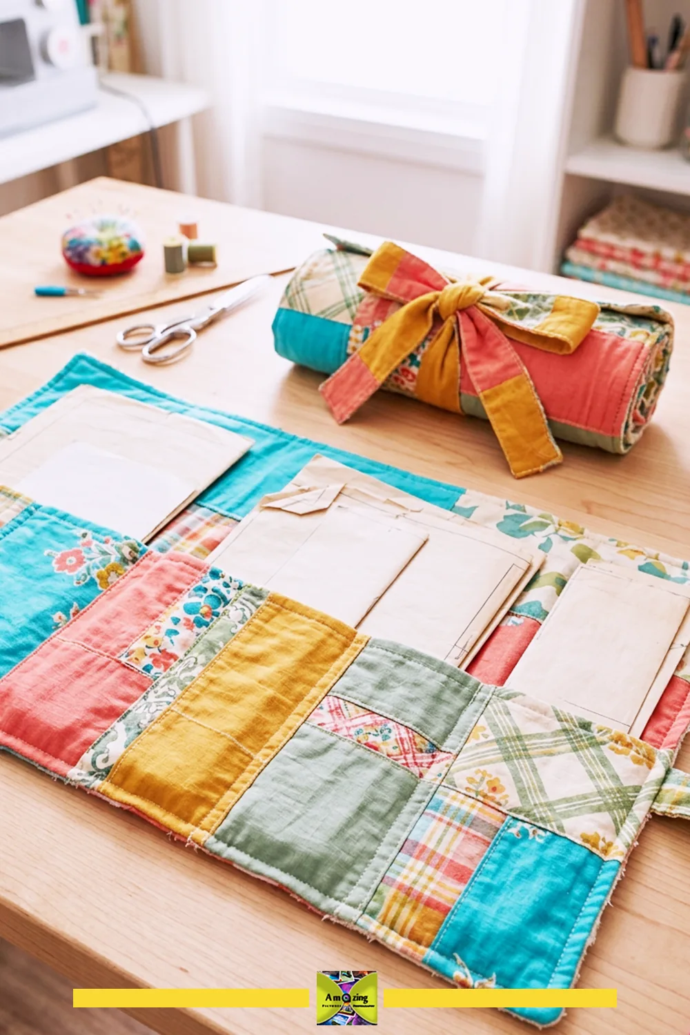 Patchwork roll-up organizer with sewing patterns and pockets on a wooden table.
