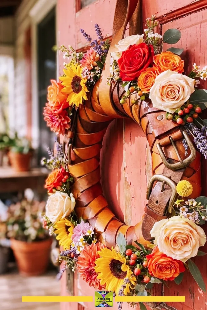 Handmade wreath wrapped in leather belts with colorful flowers on a rustic red door