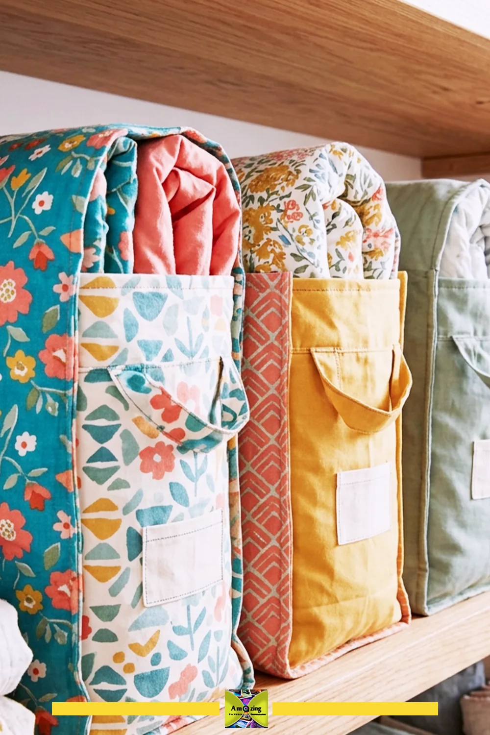 Assorted patterned textile storage sacks neatly arranged on a wooden shelf