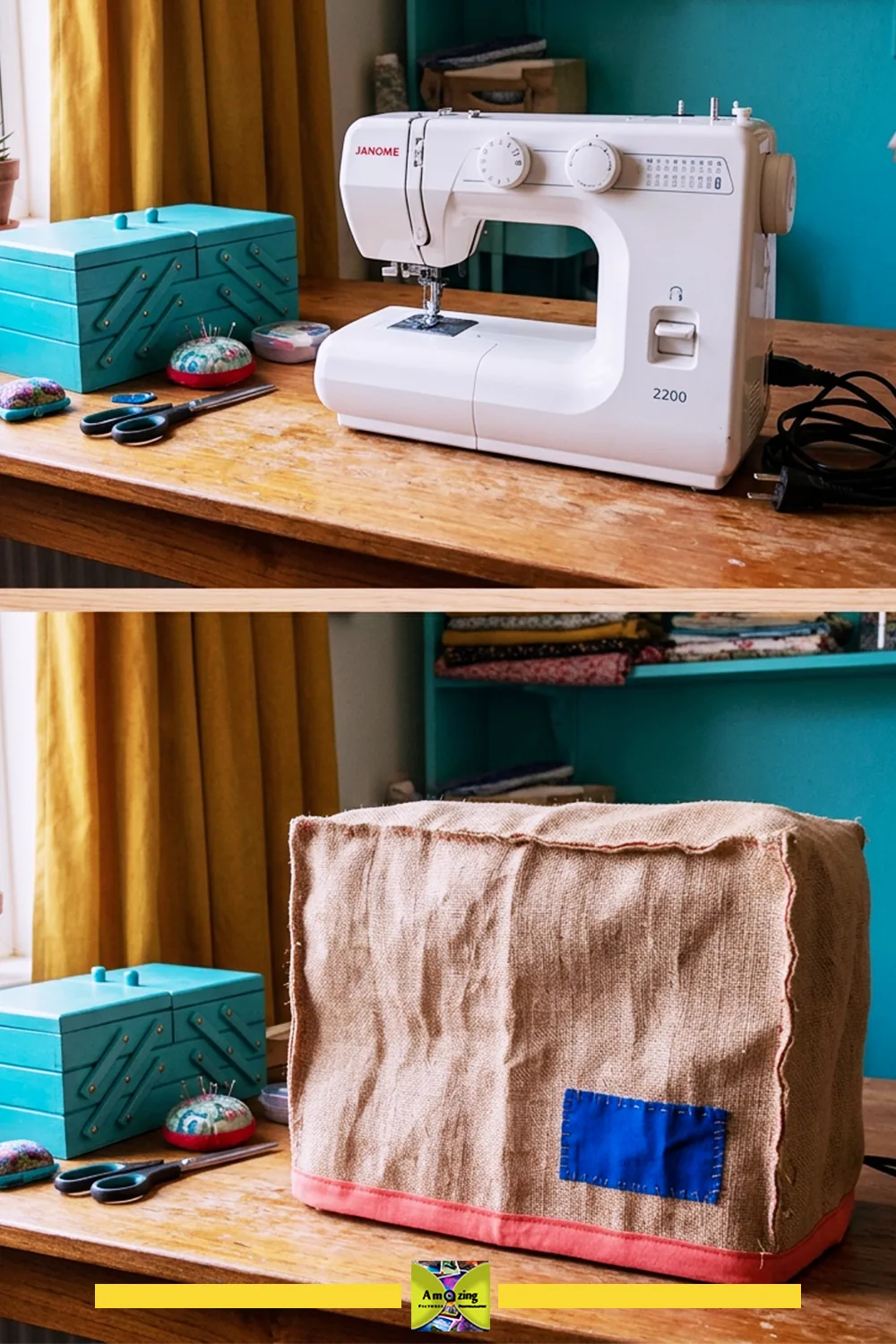 Sewing machine on a wooden table and the same machine covered with a handmade fabric cover