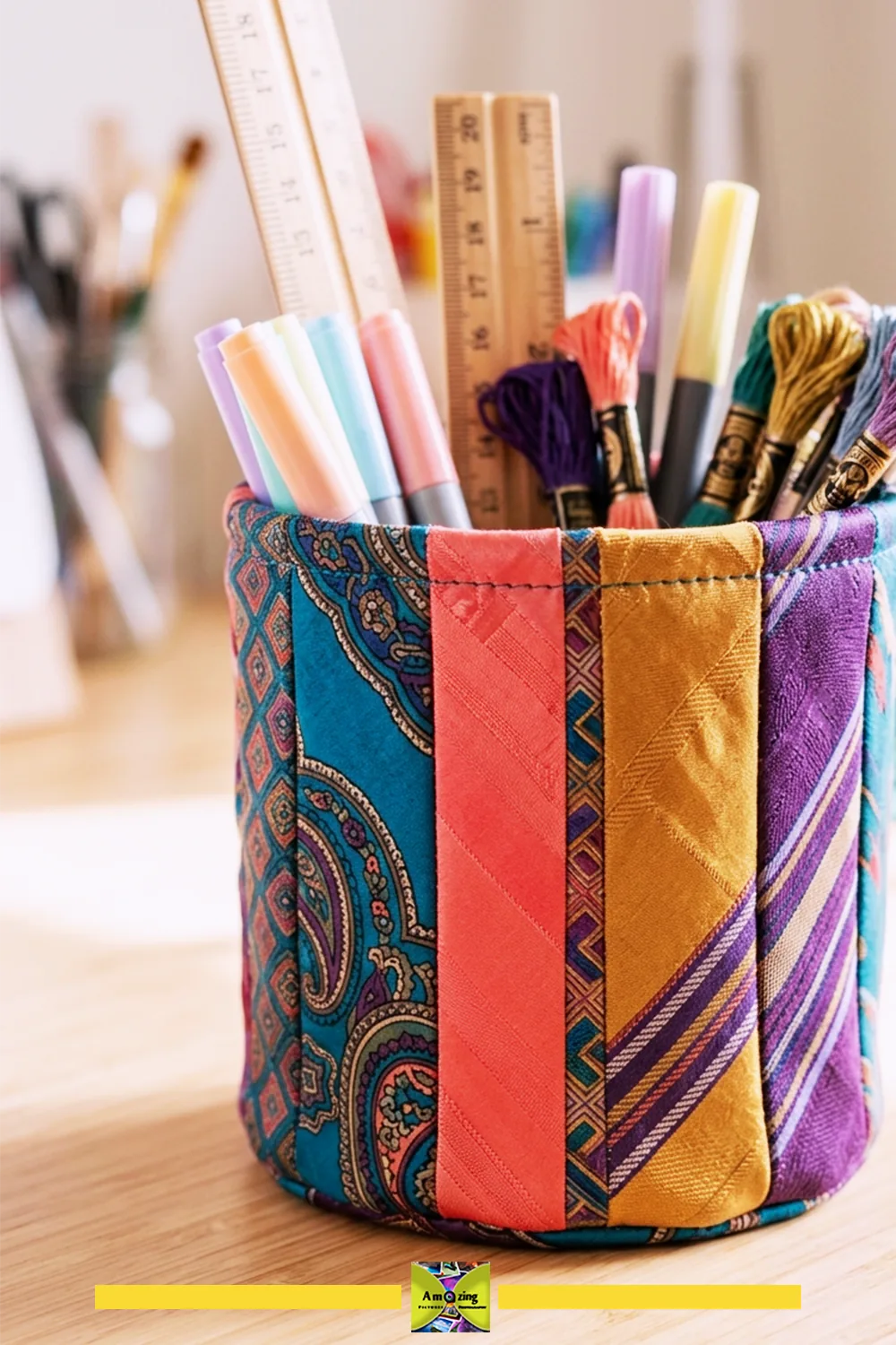 Small structured necktie desktop basket loaded with lightweight supplies