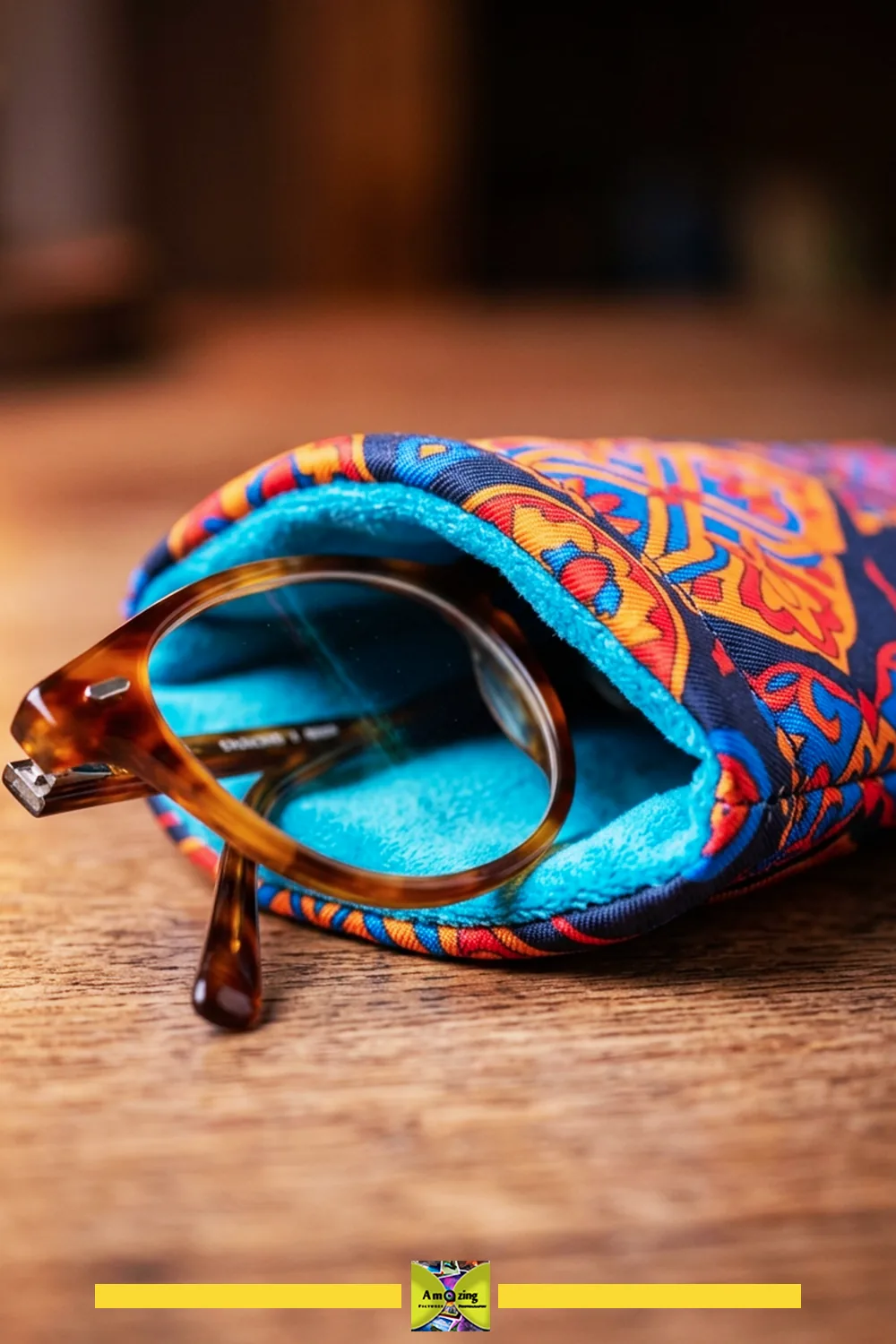 Glasses sliding into the finished soft necktie eyeglass sleeve