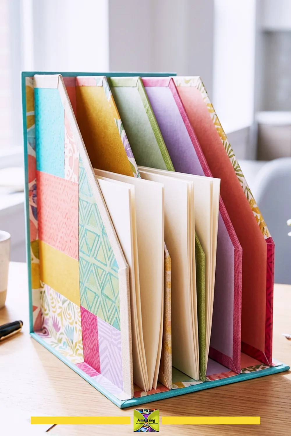 Standing correspondence portfolio made from repurposed greeting cards