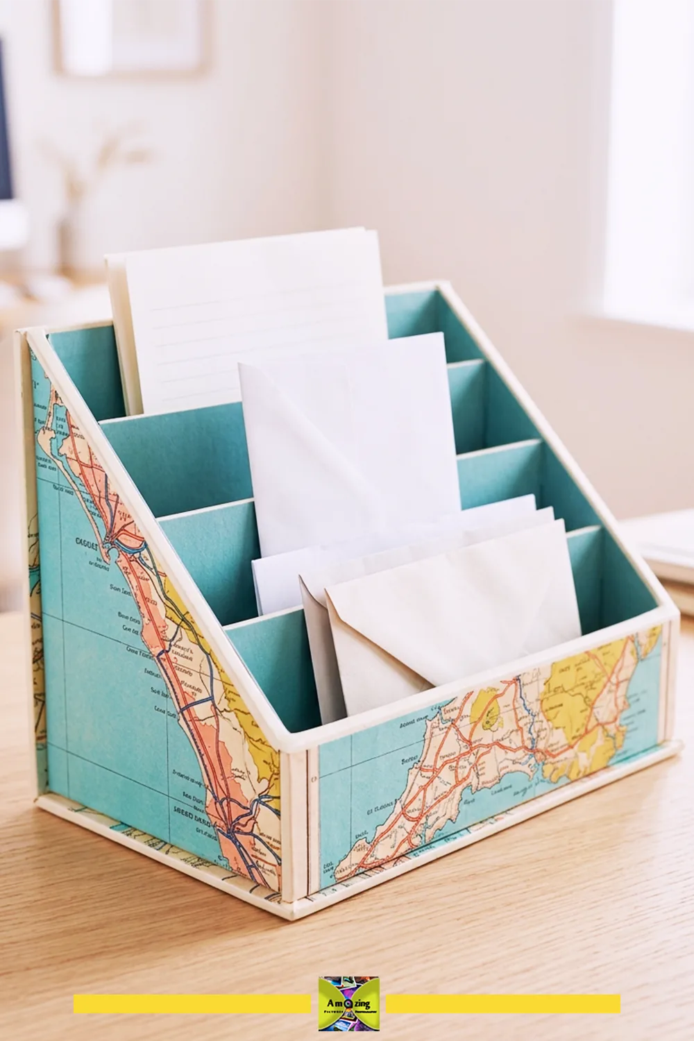 Map-covered desktop letter caddy holding envelopes and lightweight papers.