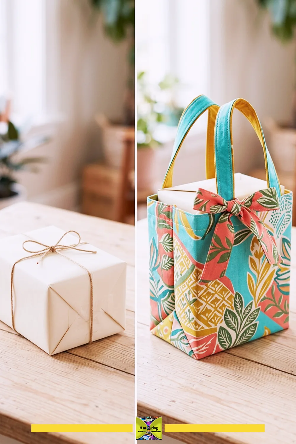 Side-by-side of a plain wrapped gift and the same gift in a colorful structured fabric bag with handles