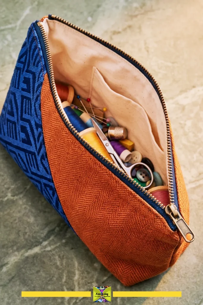 Open zippered fabric pouch filled with sewing supplies like thread, scissors, and buttons.