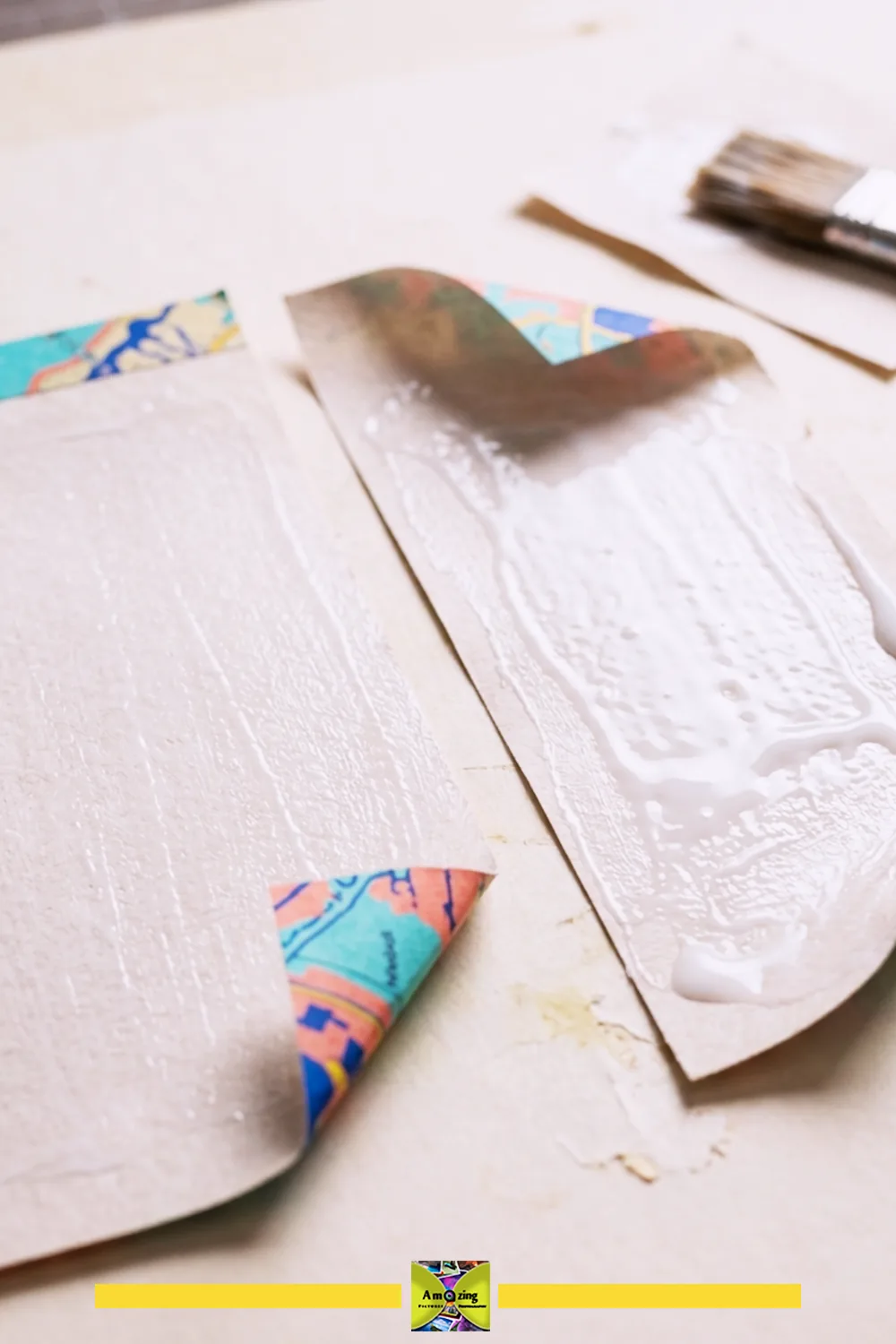 Paper samples comparing a thin adhesive layer with excess glue.