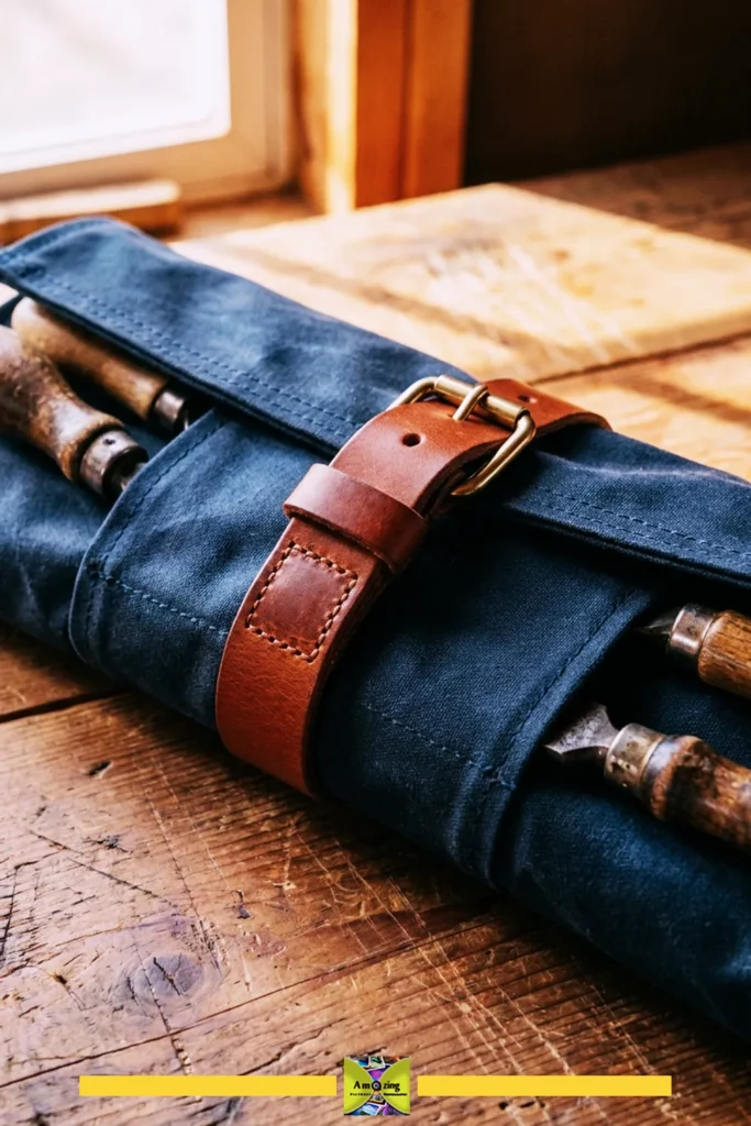 Close-up of a leather strap securing a blue canvas tool roll with wooden-handled tools inside