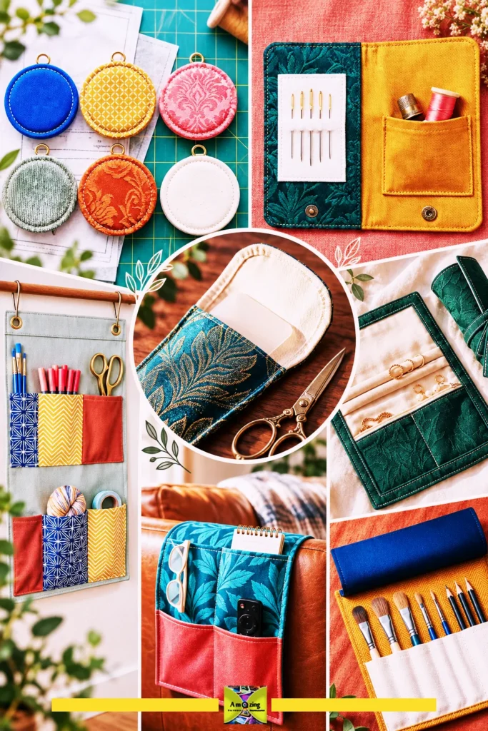 Colorful handmade organizers, pouches, and cases made from upholstery fabric scraps