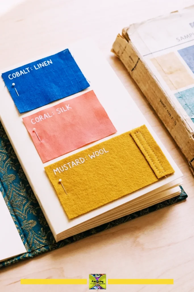 Fabric swatches labeled cobalt linen, coral silk, and mustard wool pinned to a reference folio.