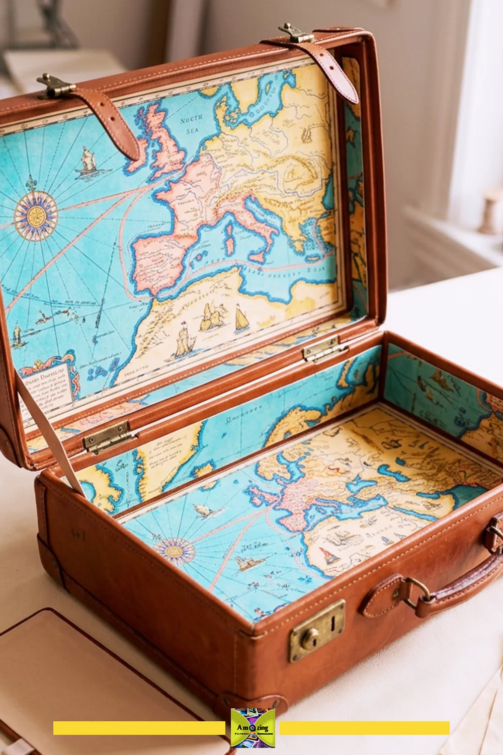 Open vintage suitcase with colorful map lining panels.