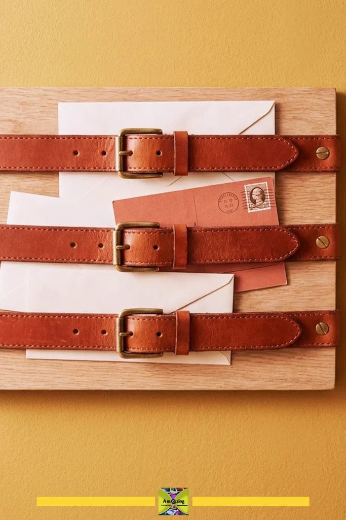 Three leather belts mounted on wood holding envelopes and mail against a yellow wall