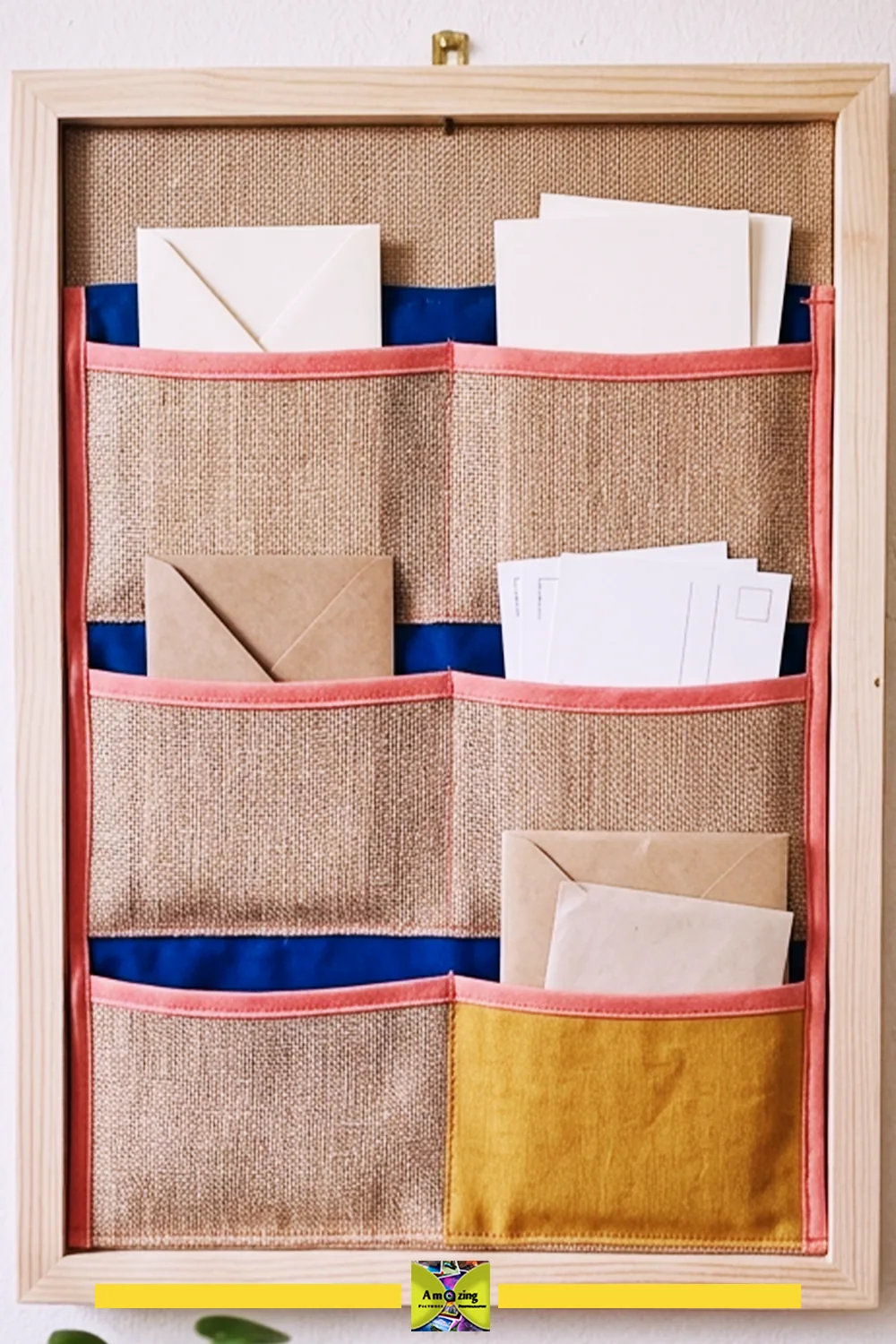 Fabric wall pocket organizer with several envelopes and postcards in its compartments