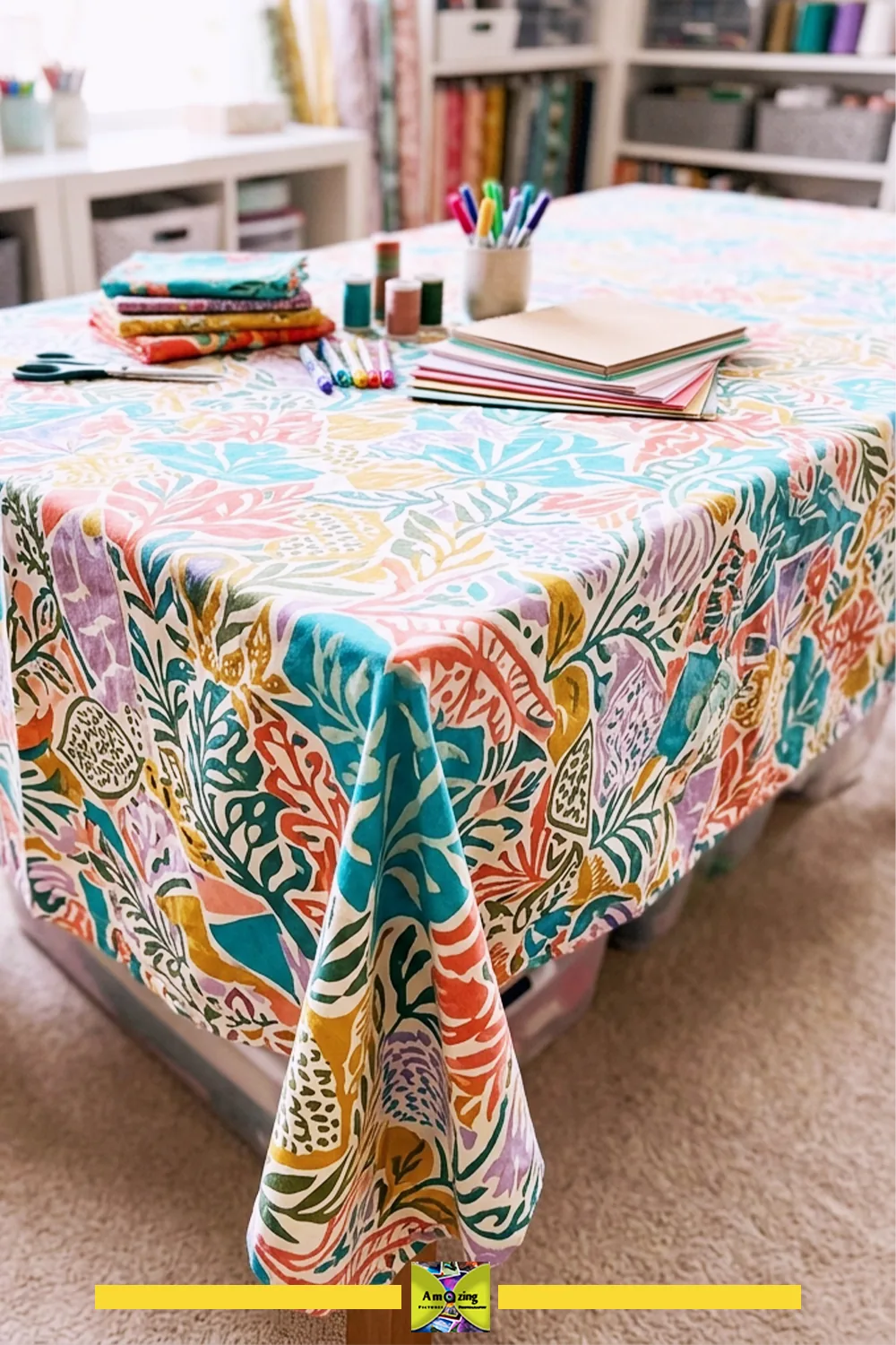A craft table covered with a vibrant, washable fabric, surrounded by sewing and art supplies.