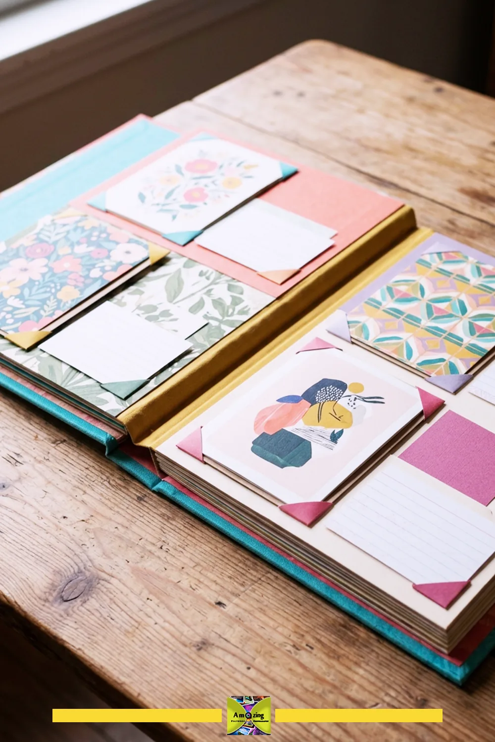 Whole-card memory folio with greeting cards mounted in photo corners