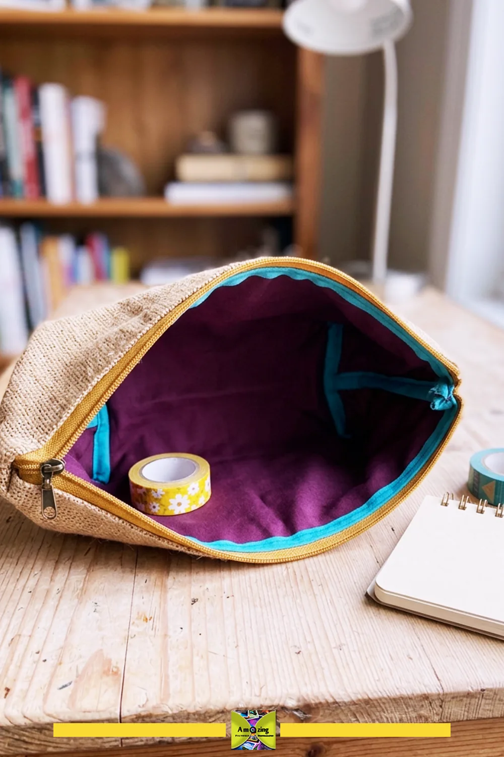 Open zippered pouch with purple lining, yellow zipper, and washi tape on a wooden desk
