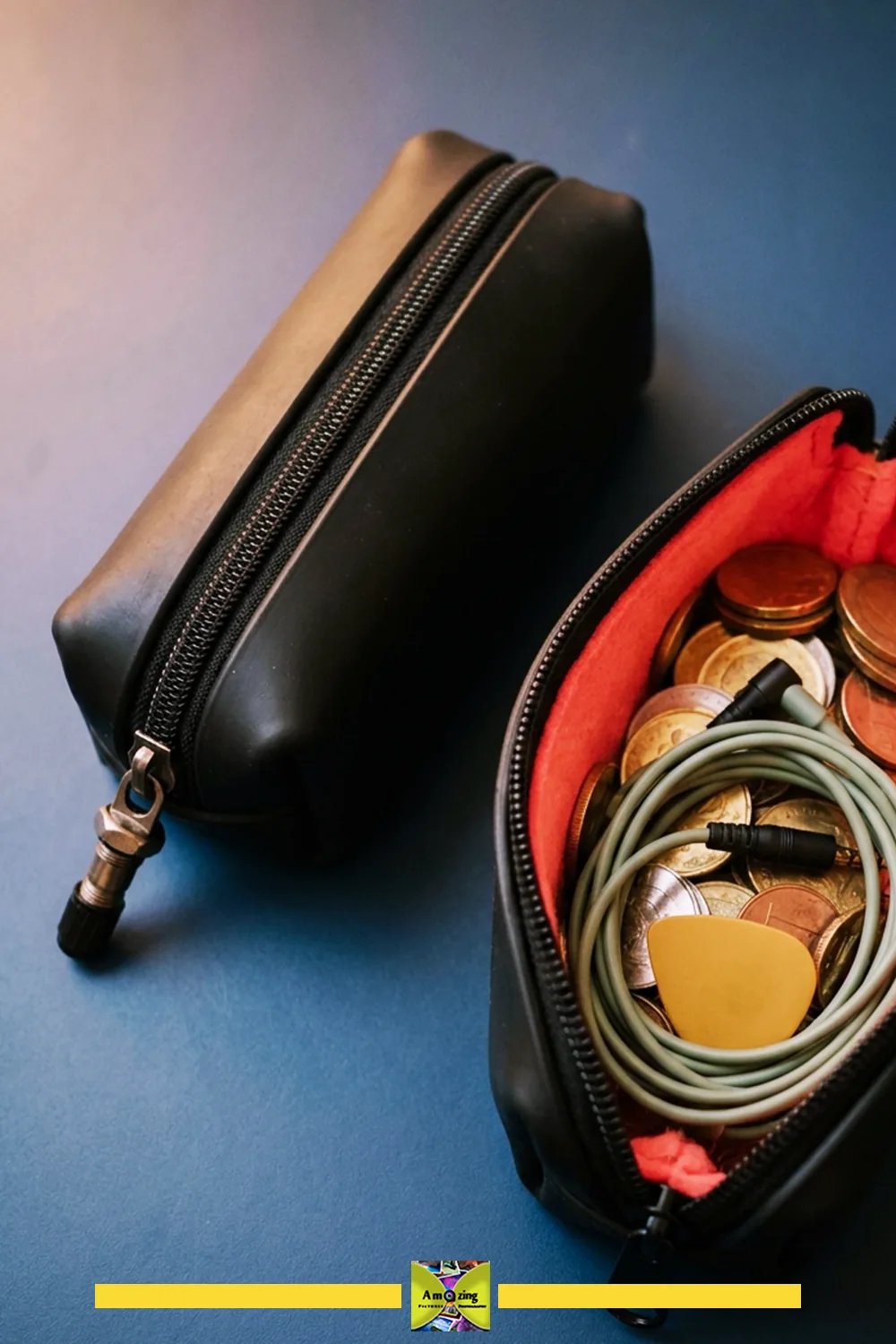 Completed black rubber zippered pouch shown open and closed